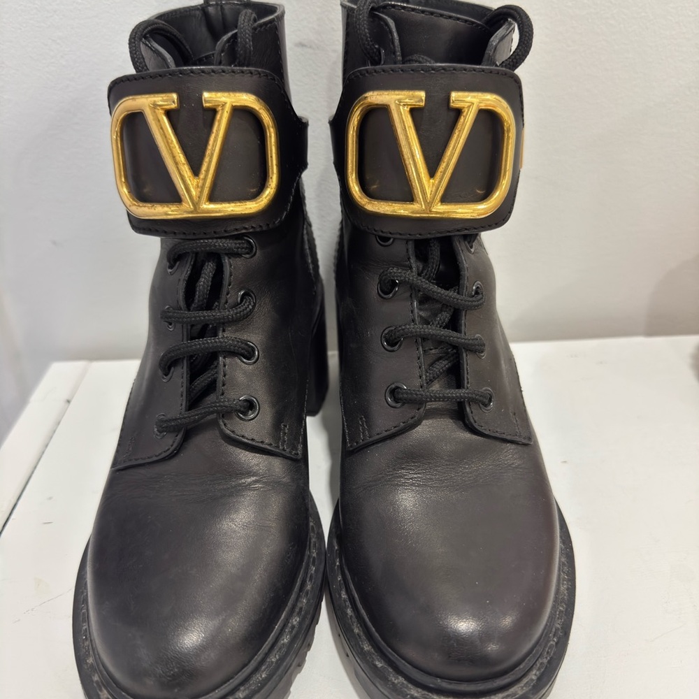 Valentino Black Leather Boots with Gold Logo